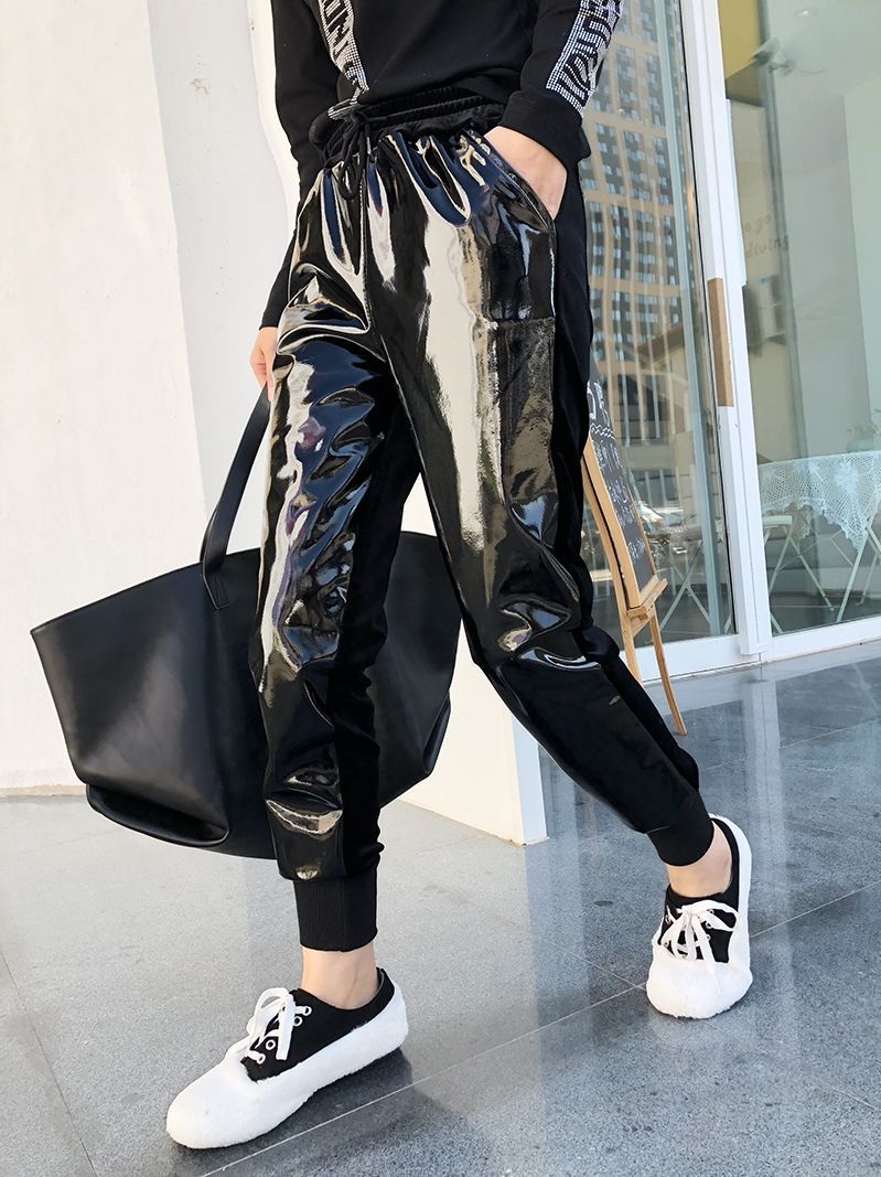 Elastic Waist Bright Leather Velvet Track Pants